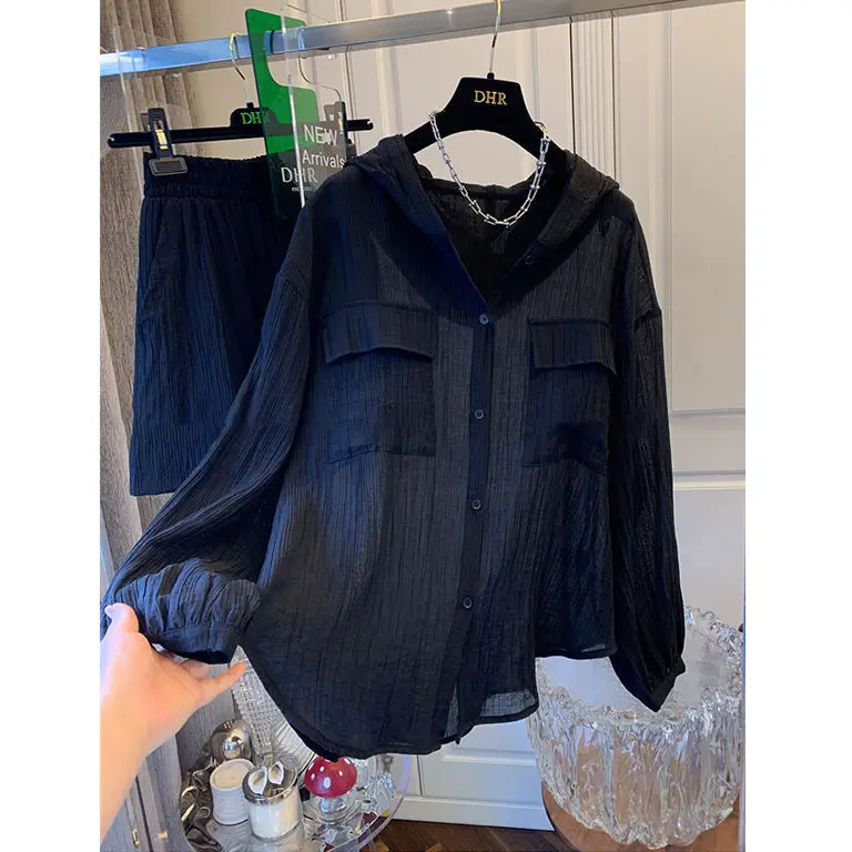 

2022 Summer Loose Leisure Suit Women's Pleated Hooded Shirt+shorts 2 Pieces Two Piece Sets Womens Outifits Linen Set for Women