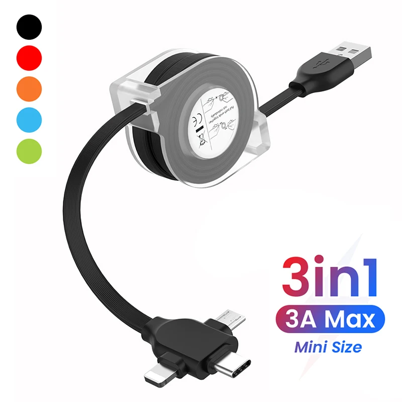 

3 In 1 USBC Charge Cable For iPhone 13 Pro Max Huaiwei Samsung Xiaomi Android Micro USB Type C Cable Retractable Charging Cord