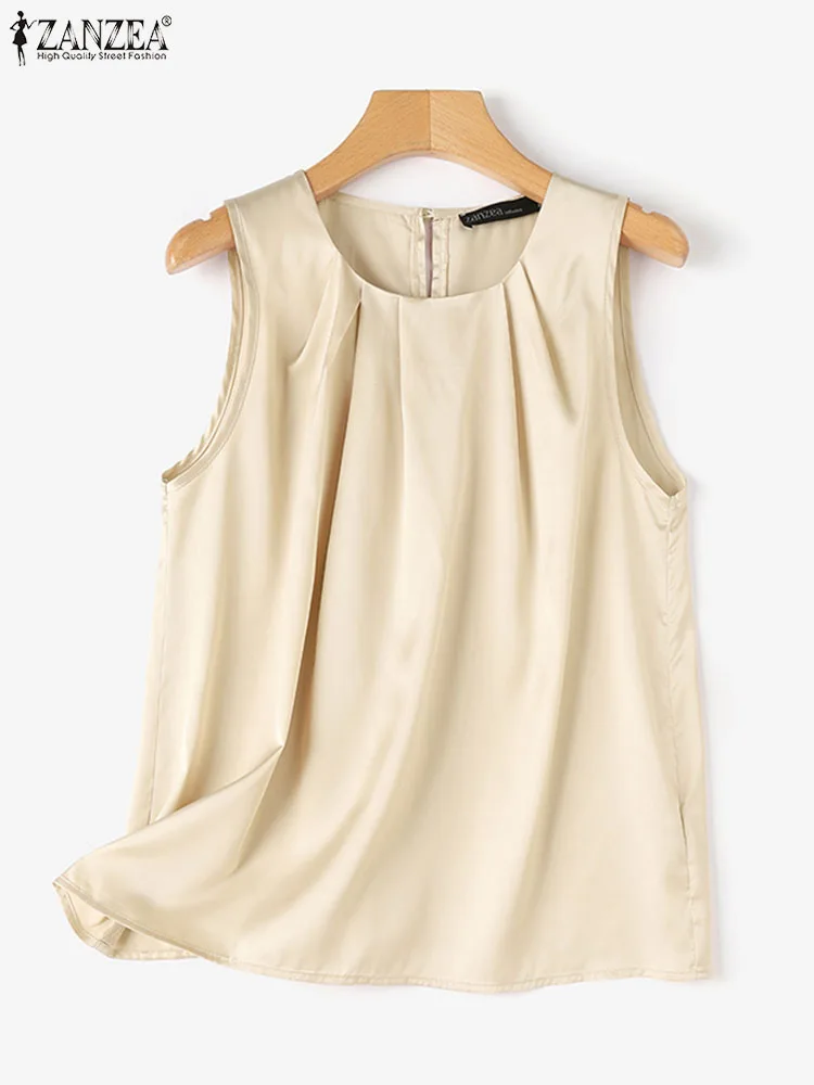 Женская летняя однотонная атласная рубашка без рукавов ZANZEA модные повседневные