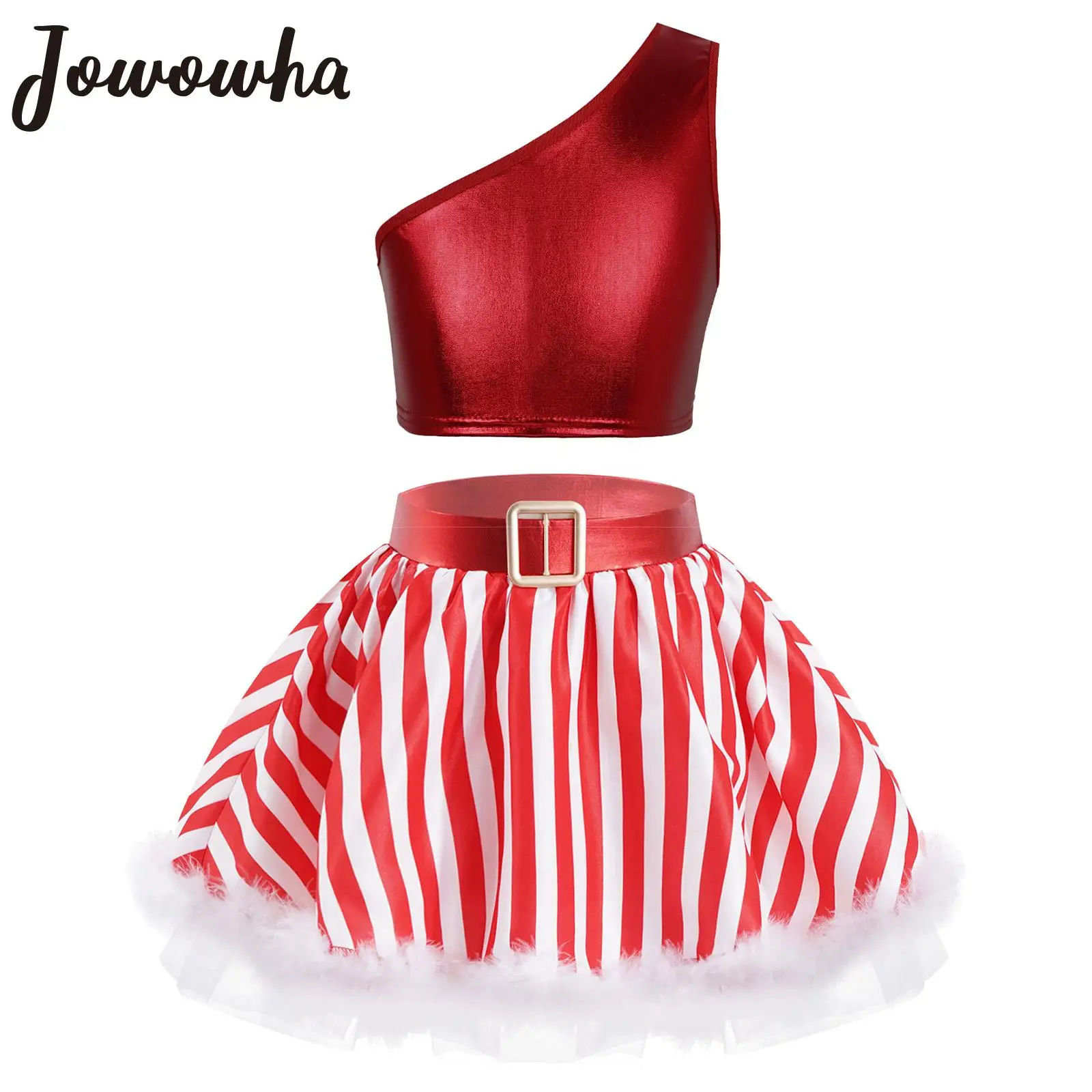 

Kid Girls Christmas Dance Costume One Shoulder Metallic Crop Top with Striped Skirt Xmas Holiday Santa Sweetie Costume Dancewear