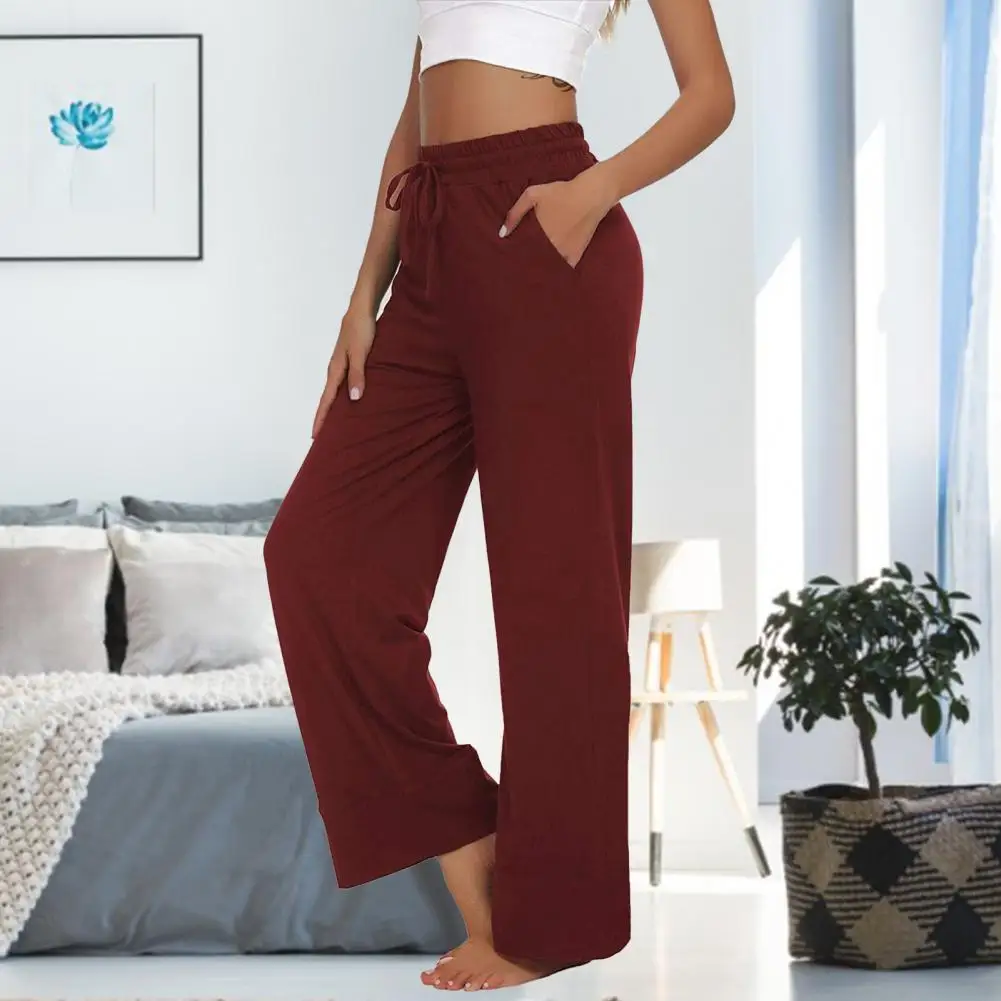 Yoga Pants High Waist Elastic Waistband Drawstring Pockets Yoga Pants Women Solid Color Straight Wide Leg Long Pants
