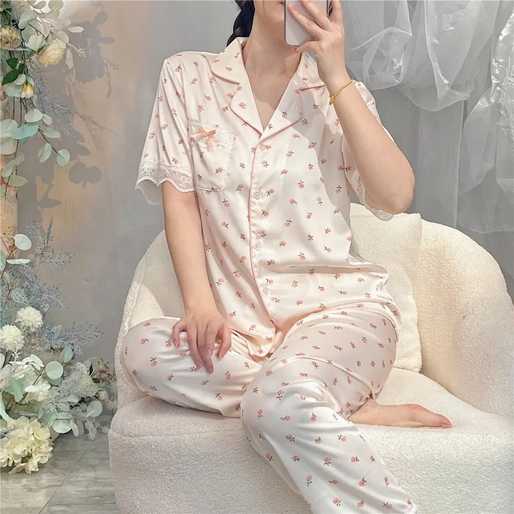 Pajamas Set Women Printed 2pcs Short-sleeved Single-breasted Top Loose Pants Floral Outside Home Clothes Women Sleepwear Pjs