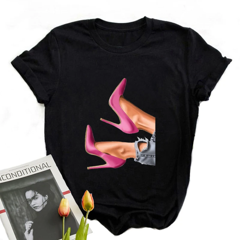 

2021 Crop T-Shirts Print High Heeled Shoes Graphic Clothing Female Anime Thing Soft Goth Aesthetic Style Blusas Summer Tops