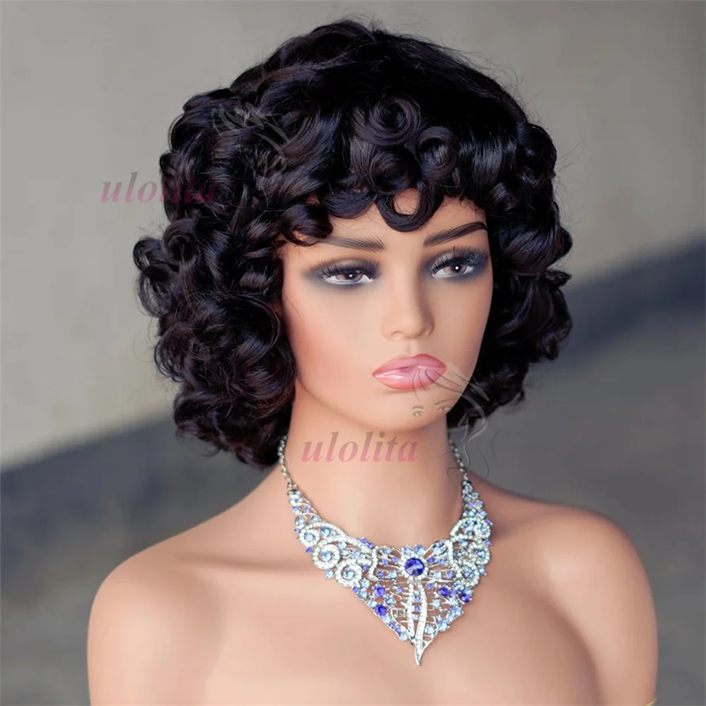 Розовый вьющийся парик с челкой Fumi человеческие волосы полностью машинное