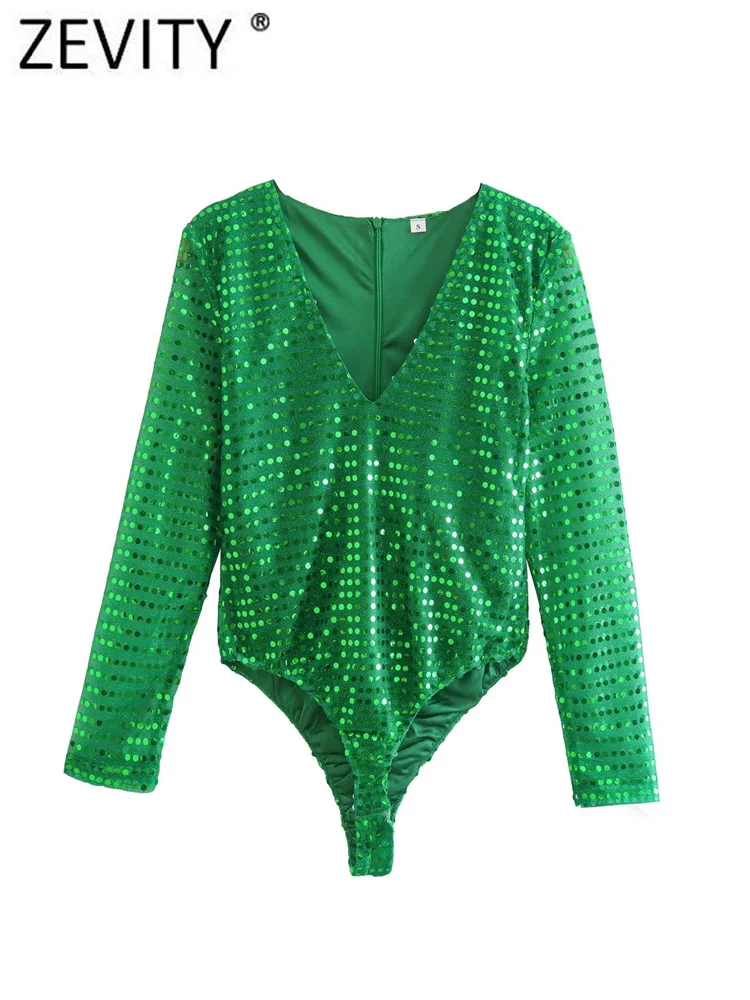 

Женские Сексуальные Зеленые облегающие боди Zevity с блестками и V-образным вырезом, женские уличные комбинезоны с молнией на спине, женские ко...