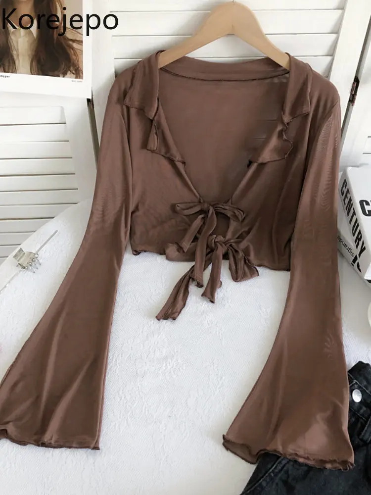 

Корейский Кардиган Спайс для девочек, универсальная блузка на бретелях во французском стиле, Прозрачная облегающая короткая верхняя одежд...