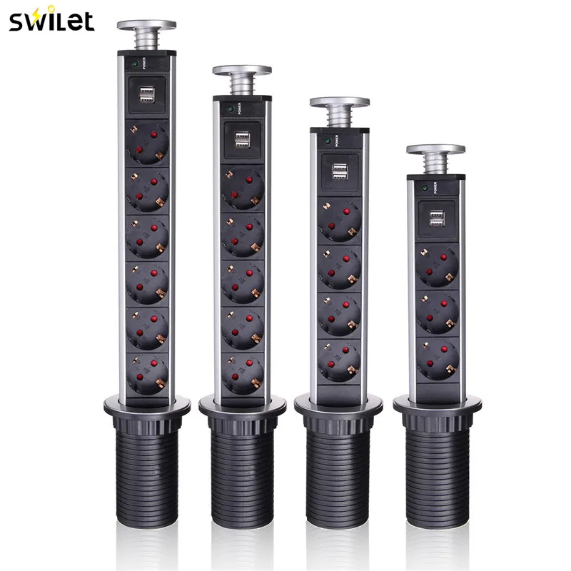 

Новая Выдвижная электрическая розетка 3/4/5/6 с европейской вилкой для кухонного стола, электрическая розетка с 2 USB-портами и алюминиевой полк...