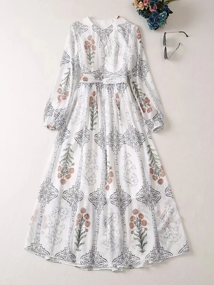 

Runway Fashion Long Sleeve Autumn Dresses for Women 2023 Floral Print Holiday Maxi Vestido Casual Robe Femme White Female