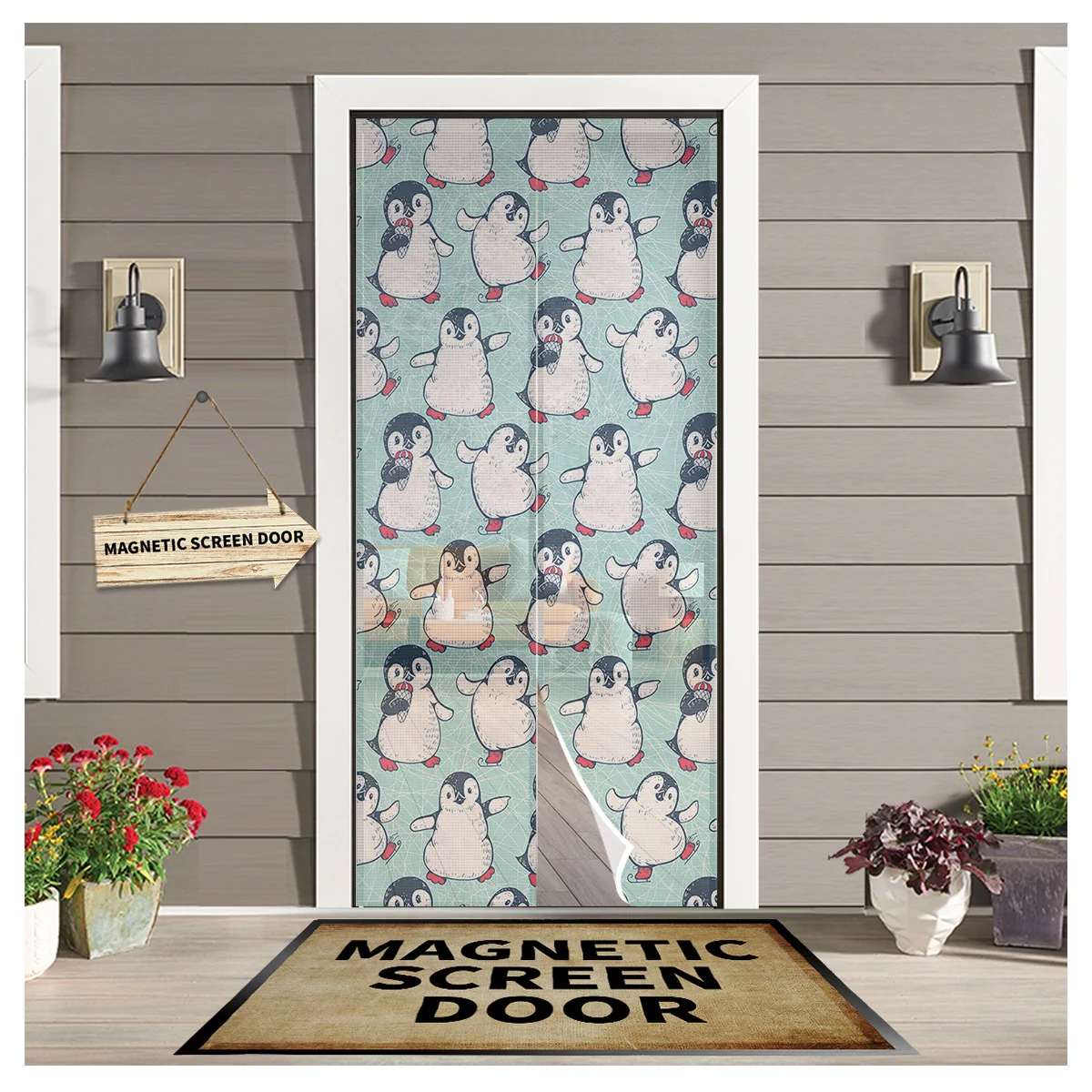 

Winter Penguin Cartoon Sheer Door Curtain Mosquito-proof Kitchen Magnetic Hanging Curtains Window Screen Gauze Door Curtain