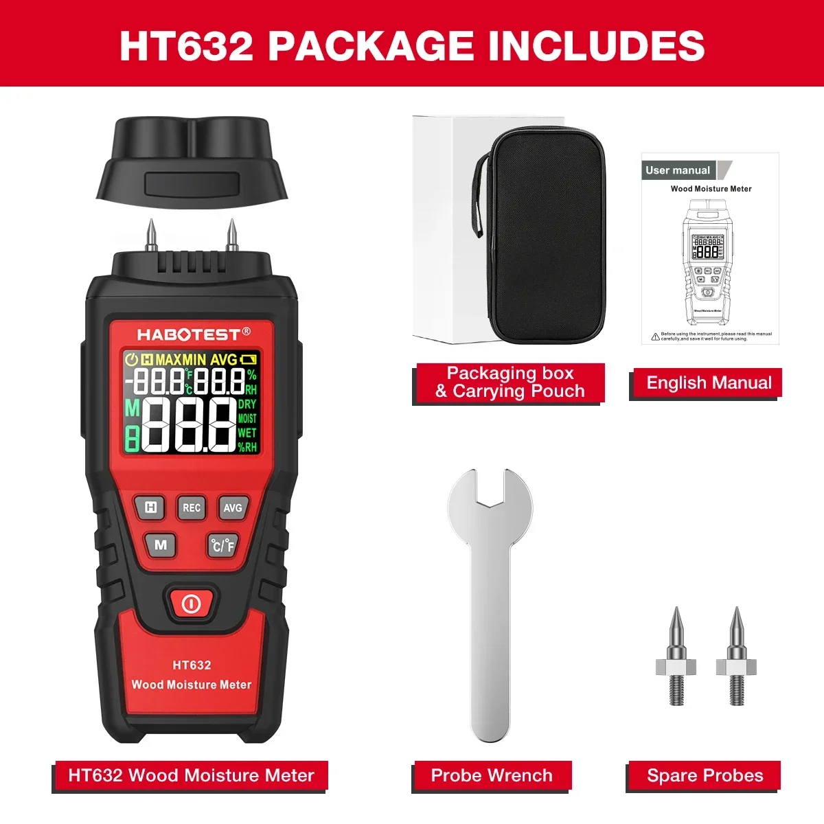 

HABOTEST HT632 Цифровой измеритель влажности, гигрометр с двумя контактами для обнаружения бетона, цемента, кирпича, деревянной стены, испытаний на воде