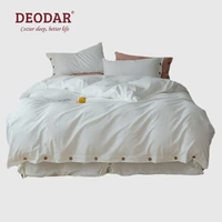 deodar luxury nordic vintage 4 piece bed sheet set button duvet cover pillowcase 100 cotton yarndyed washed cotton bedding set