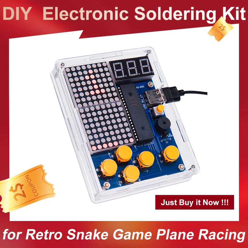 

DIY Game Kit Classic PCB Electronic Soldering Kits with Acrylic Case for Retro Snake Game Plane Racing Childhood Games Console