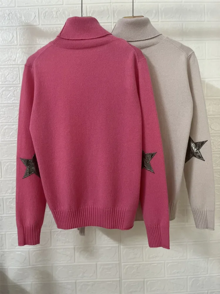 

Women's Elbow Star Patch Turtleneck Sweater 100% Cashmere Long Sleeve 2 Colors Female Knitted Pullover 2023 Autumn Winter