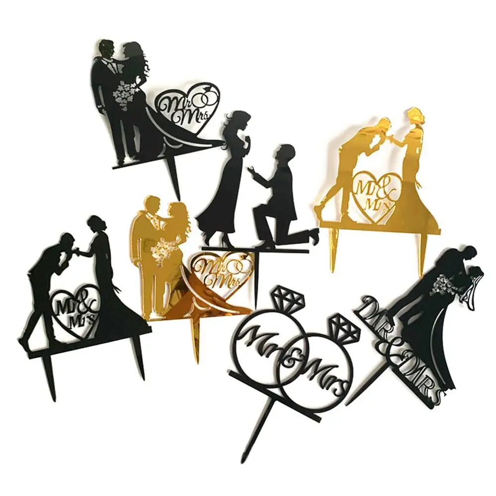 

New 1Pcs Wedding Cake Topper Bride Groom Mr Mrs Acrylic Black Gold Cake Toppers Wedding Decoration Mariage Party Supplies