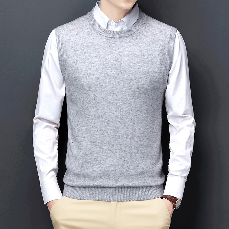 Men Sweater Vest Korean Round Neck Business Casual Fitted Version Black Light Grey Sleeveless Knitted Vest Top Male Brand