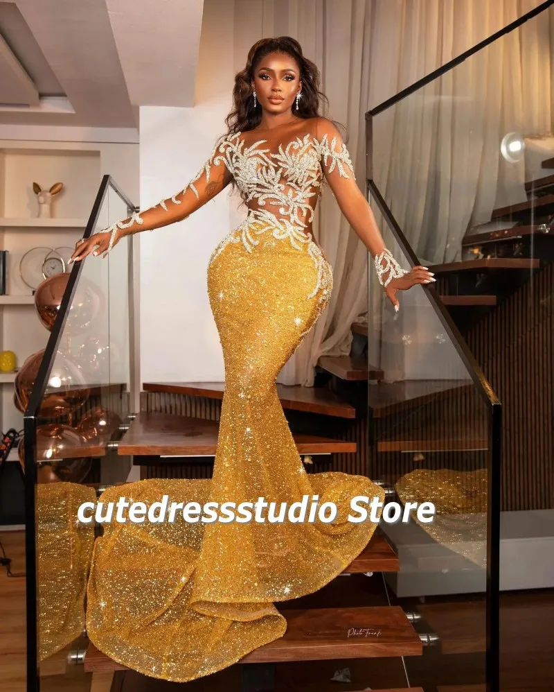 

Sexy See Through Top Evening Dresses For Women 2023 Seuqin African Wedding Reception Party Dress Scoop Prom Gowns Long Sleeves