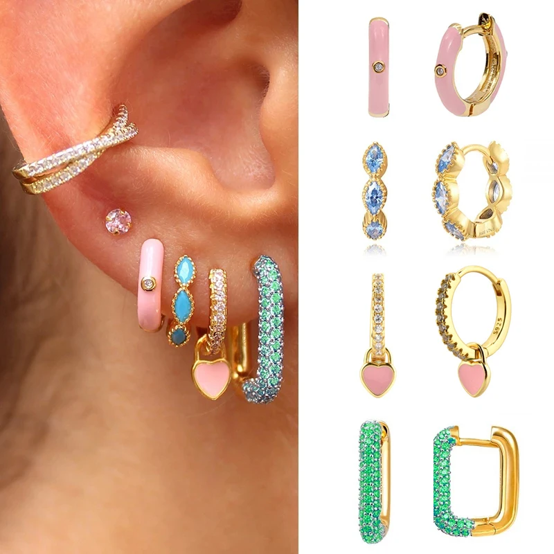 

Gold Hoop Earrings for Women Colorful CZ Zircon Square Heart Dripping Oil Women's Hoop Dangle Earrings 2022 Jewelry Wholesale