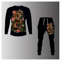 mens 3d printed chinese dragon pattern retro king style spring autumn hip hop harajuku long sleeve top trousers set