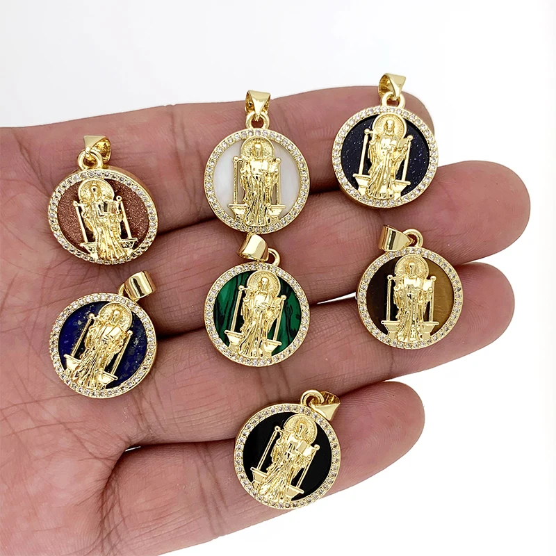 

High Grade Round Natural Stone Catholic Jesus Savior Necklace Pendant Exquisite Gold Plated Inlaid Zircon For DIY Making Amulet