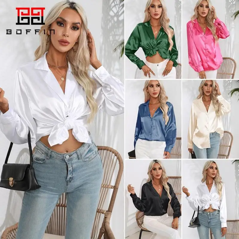 

BOFFIN Vintage White Women's Shirt New 2023 Summer Long Sleeve Loose Button Up Blouse Fashion Solid Basic Satin Office Tops Lady