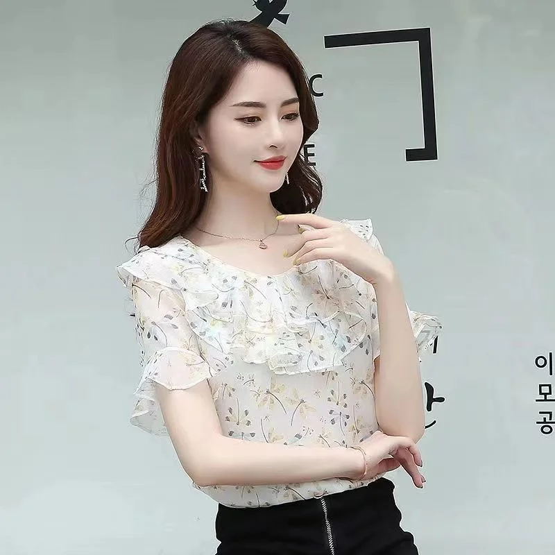 Женская двойная шифоновая рубашка Корейская версия Модный пуловер с оборками и