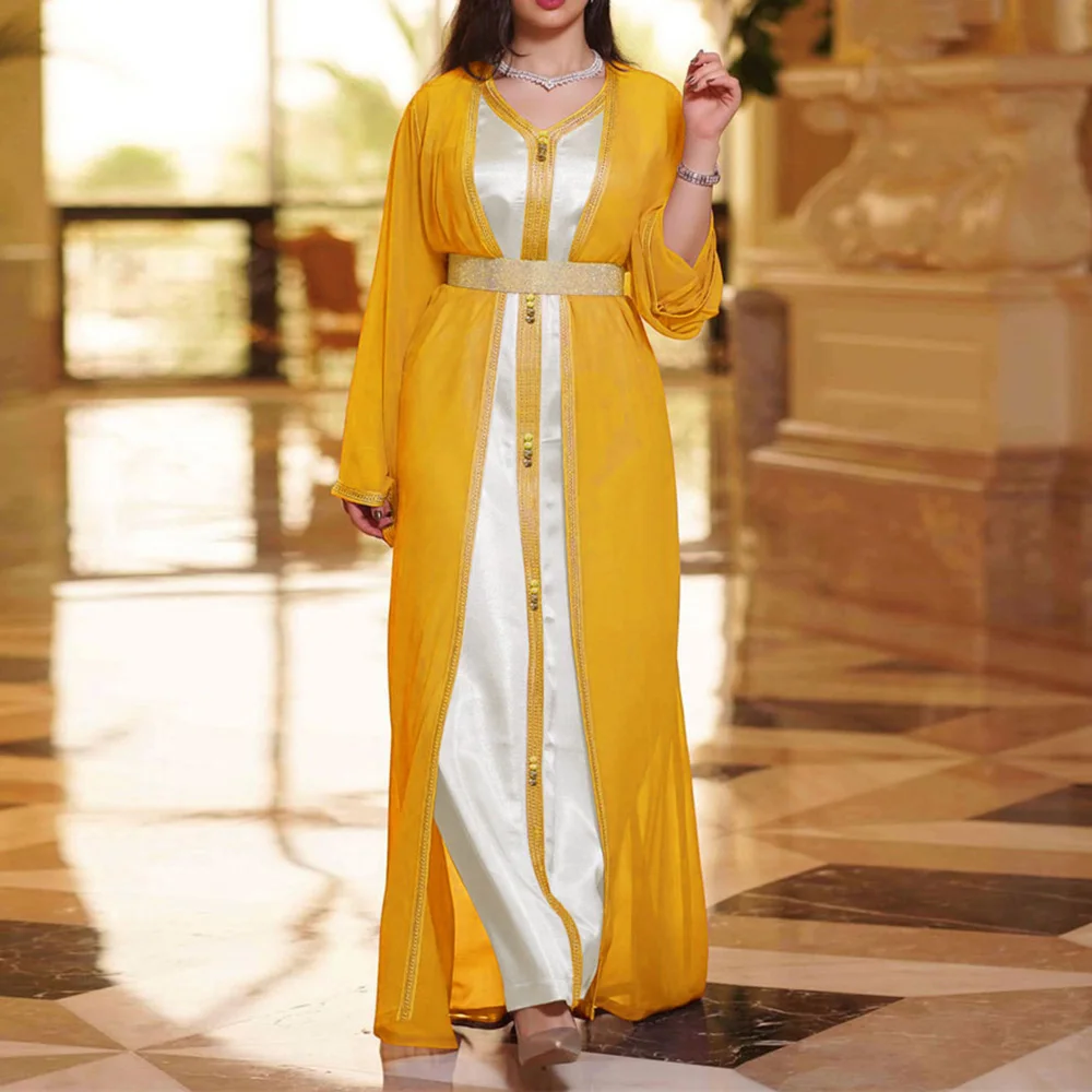 

Fashion Muslim Kaftan Dress Women 2 Piece Set Long Sleeve Dubai Turkey Abaya Islam Clothing Kimono Djellaba Femme Ramadan