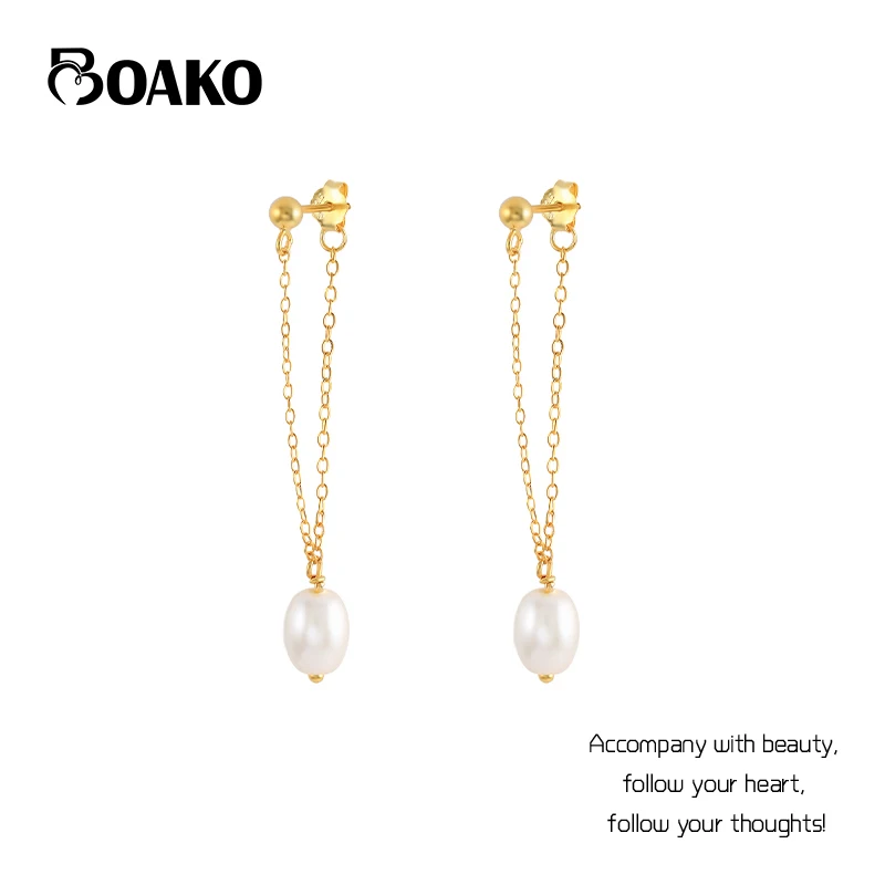 

BOAKO S925 Sterling Silver Pearl Stud Earring for Woman Gold Chain Piercing Earring Brinco Femme Fine Jewelry Mom's Gift серьги