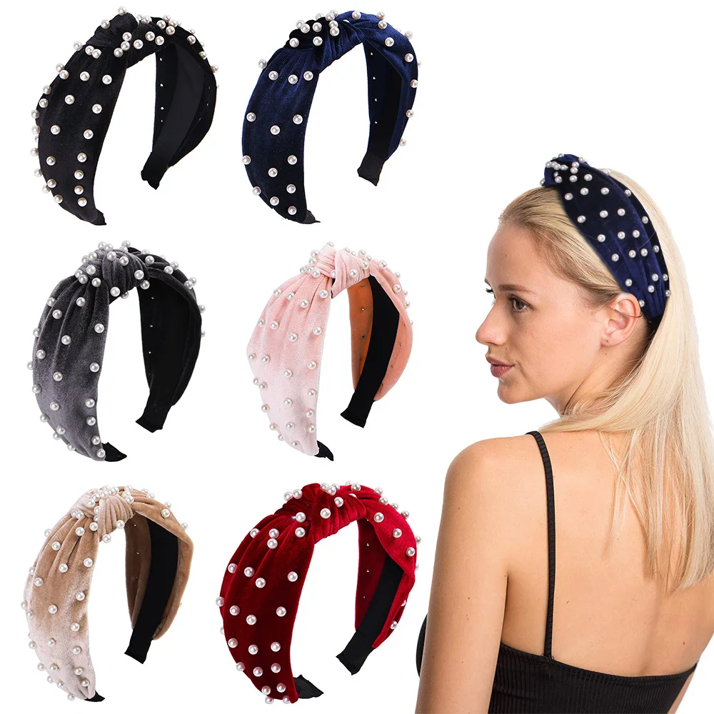 

Korean Fashion Knot Rhinestone Hairbands Pearl Ornament Headbands Handmade Turban For Girls Womens Hair Accessories