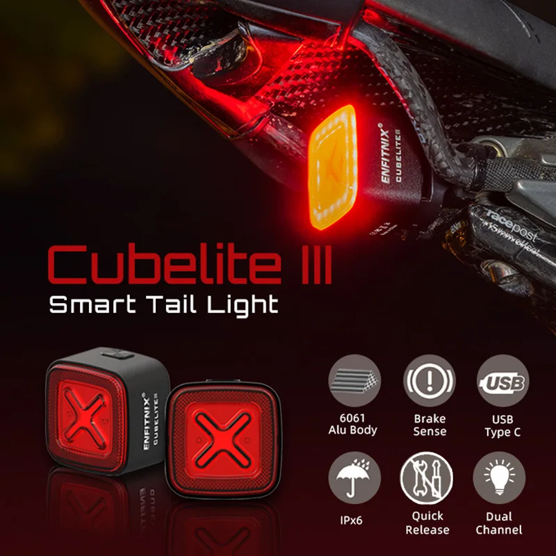 

ENFITNIX Bicycle Light Rear Bike Lamp Auto Brake Sensing Taillight Smart USB Rechargeable LED Cycling Tail Flashlight Cubelite 3