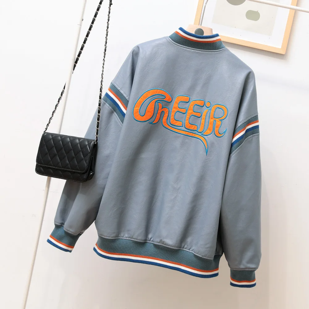 2023 autumn clothes new handsome loose version type couple's leather clothes women's baseball leather jacket tide coat