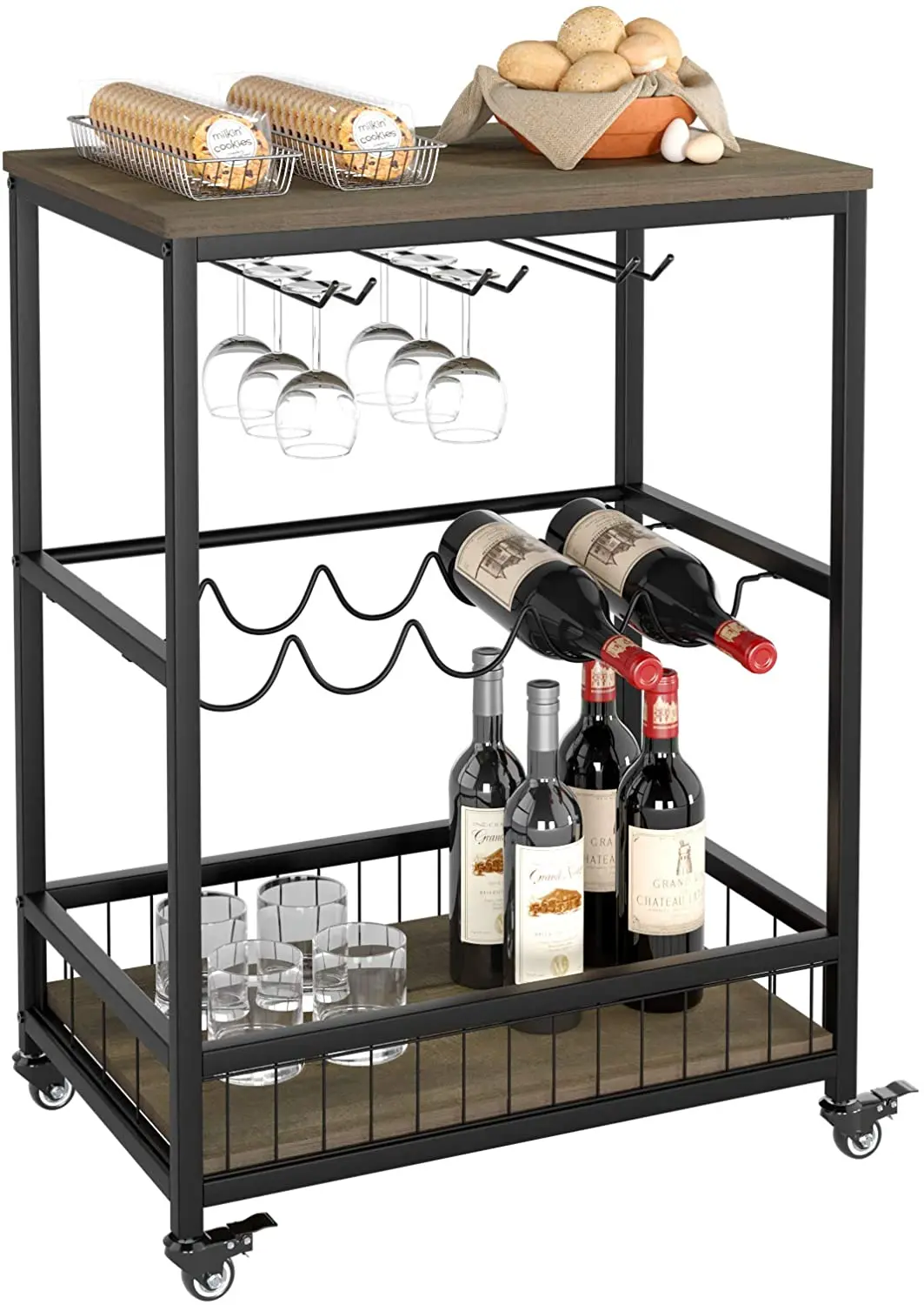 

Serving Trolley Kitchen Trolley Cart, Wine Rack Storage Shelf, Lockable Wheels Wine Rack Cabinet for Home Bar Furniture