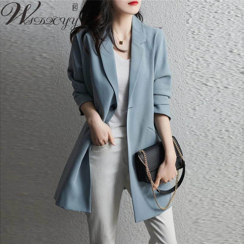 

Pink Blazer Women Korean Single Button Long Blazers Coat Temperament Notched Collar Outwear Chic Office Lady Vintage Coat 3XL
