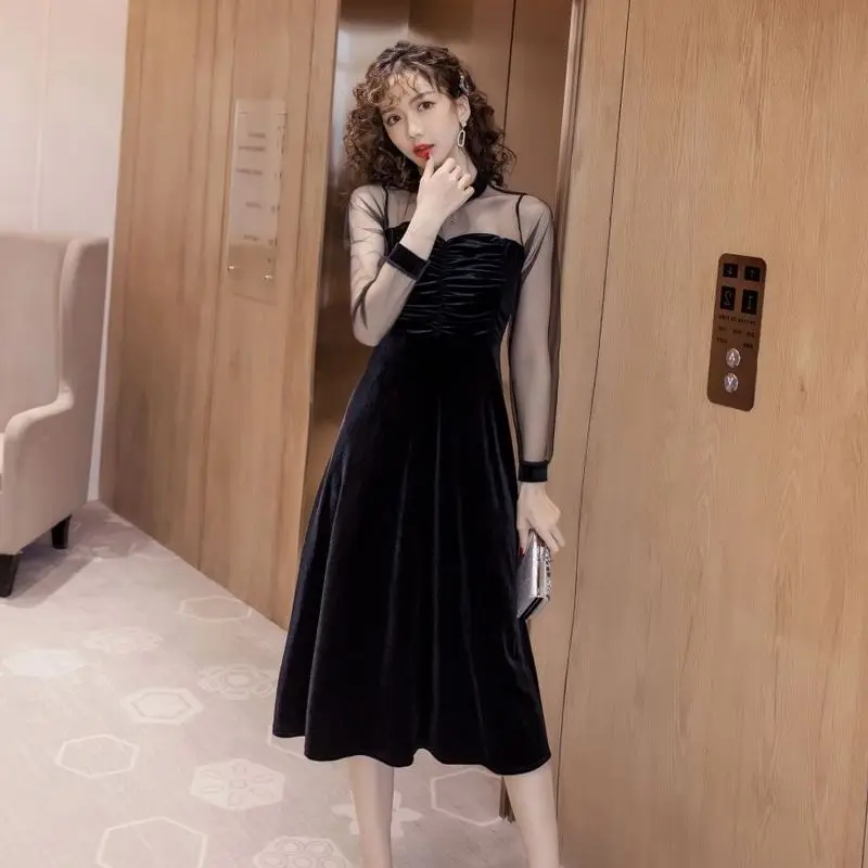 Женское Сетчатое платье-трапеция в стиле пэчворк, офисный Повседневный пуловер-трапеция средней длины с круглым вырезом и длинным рукавом, модель M468 на весну и лето, 2023