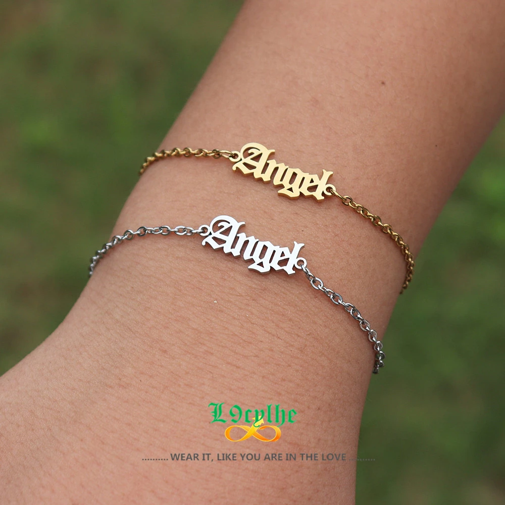 

Gothic Font Angel Letter Bracelet Gold Hand Link Pulseira Masculina Stainless Steel Old English Bracelets For Women Girl Jewelry