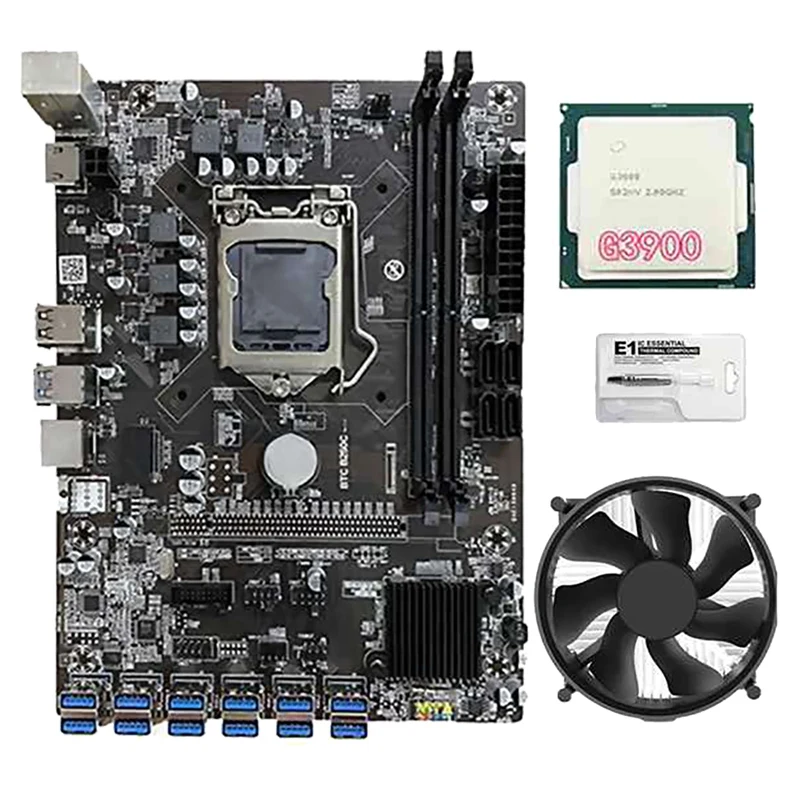 

B250C BTC Mining Motherboard With G3900 CPU+Cooling Fan+Thermal Grease 12 USB To PCI-E Slot LGA1151 DDR4 DIMM SATA3.0