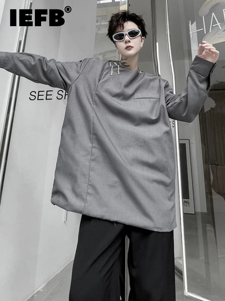 

IEFB men's shirt 2023 autumn solid color round neck Pullover loose long sleeve irregular design male tops temperament