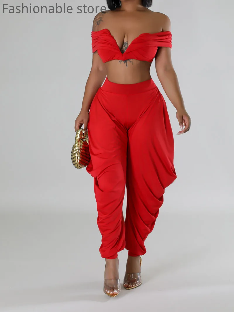 Женский пикантный однотонный топ с открытыми плечами и V-образным вырезом брюки