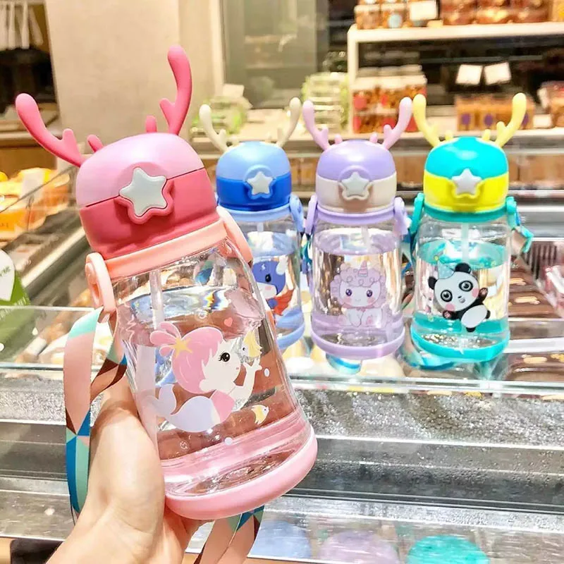 

600ML Kids Water Bottle With Straw Cute Leakproof Child School Outdoor Travel Portable Tumbler Kawaii Cup Girl