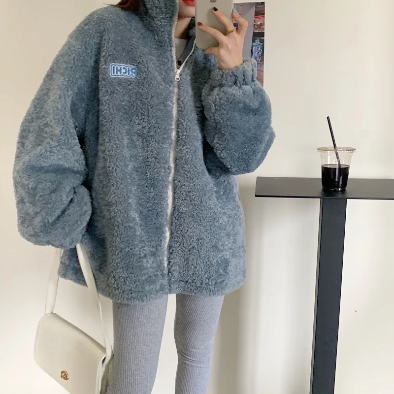 Women Lamb Fur Jacket Velvet Letter Long Sleeve Lambswool Oversized Coat Fashion Casual Korean Style Warm Fluffy Teddy Jackets
