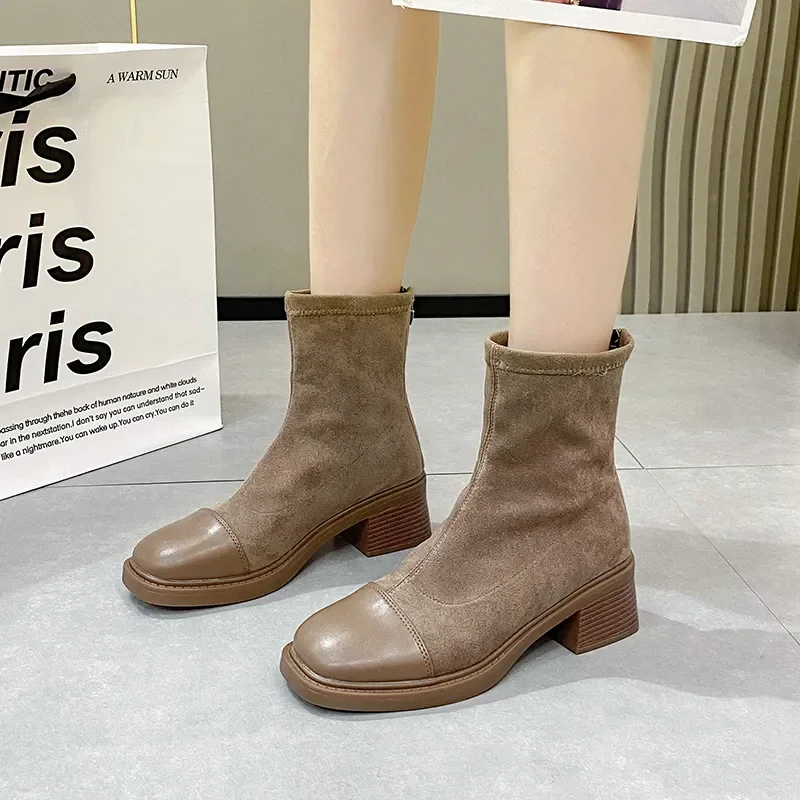 

Autumn/winter Womens Short Boots Round Toe Cow Suede Elastic Back Zipper Mid Thick Heels Black Brown Slim Boots Botines Shoe