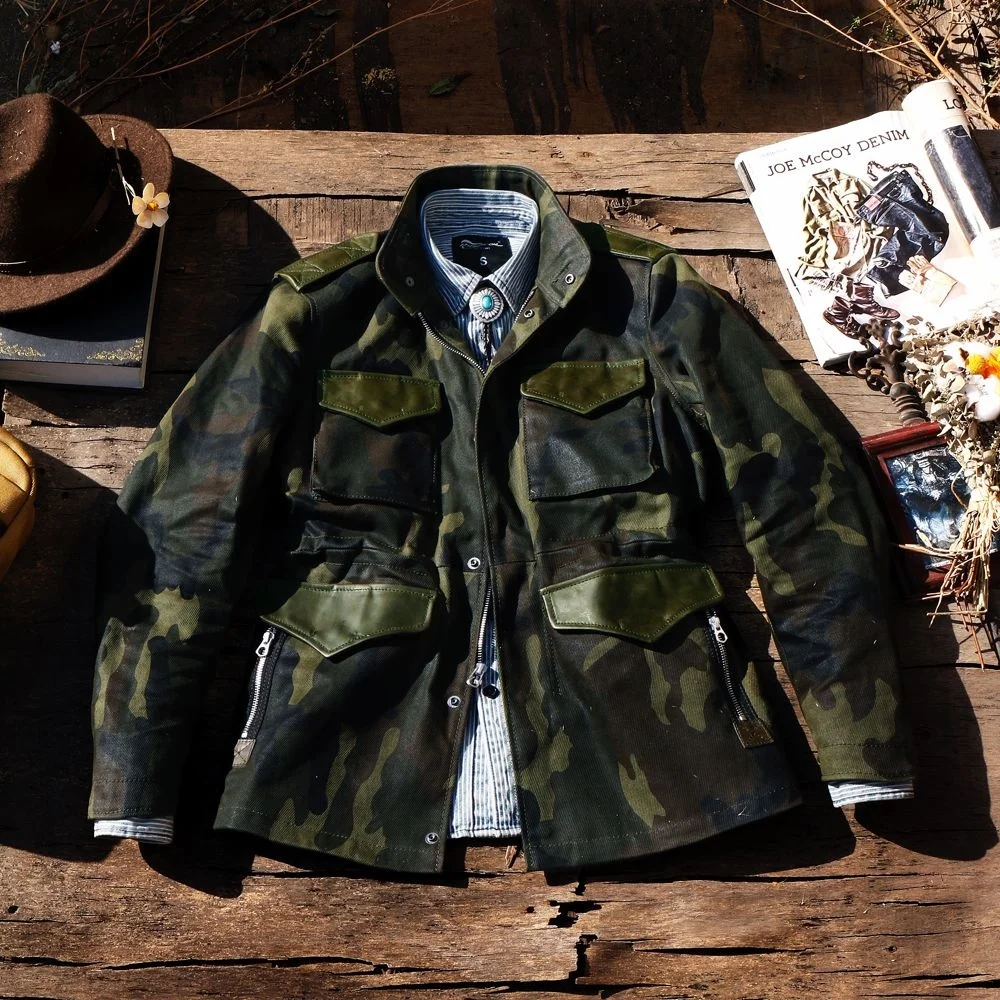 

Tailor Brando European Size Heavyweight Japanese Hyogo Cowhide & 22OZ Camouflage Soft Wax Canvas Military M65 Waterproof Jacket
