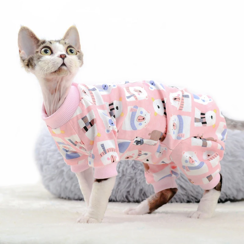 

Cat Clothes for Sphinx Spring Cartoon Printed Cat Pajamas Kleding Devon Hairless Cat Costume Kitten Pullover Shirt Jumpsuit