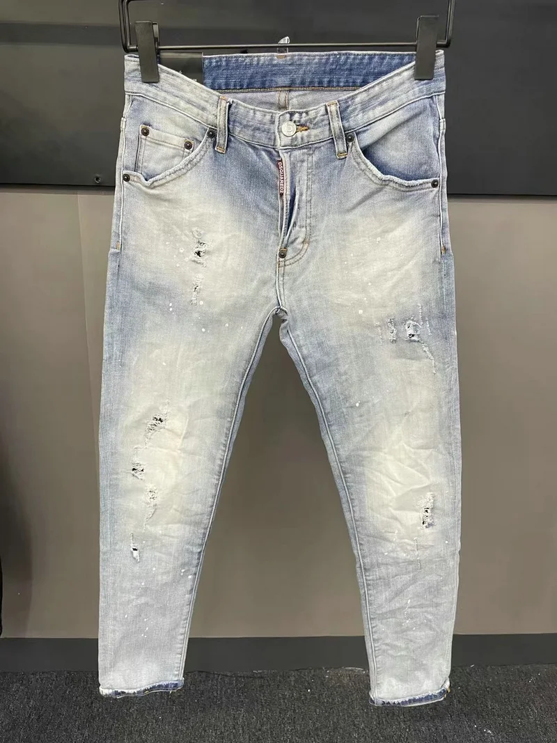 

New DSQUARED2 Trendy Men's/Women's Fashion Casual Ripped Patch Micro-Elastic Jeans With Small Feet 075