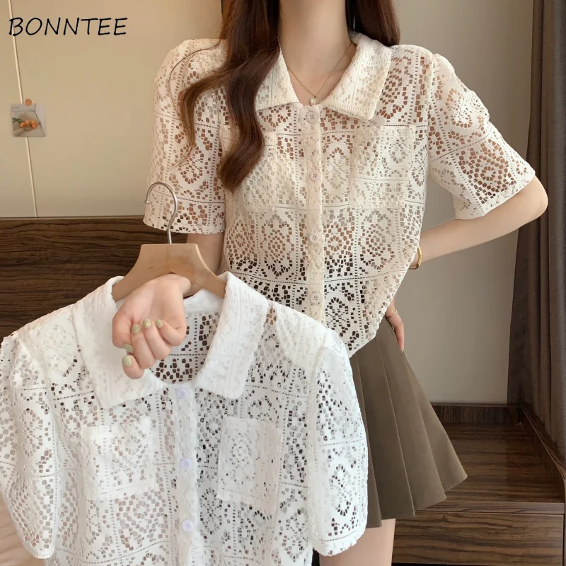 

Shirts Women Casual Chic Comfortable Ulzzang High Street Retro Lovely All-match Feminino Simple Solid Summer Blusas Preppy Style