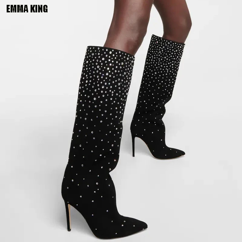 

Женские замшевые сапоги до колена, с острым носком, на высоком каблуке