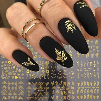 12pcs 3D Gold Flower Leaf Lace Nail Stickers Design Geometry Line Nail Charms Art Decorations Manicure Polish Decal Wrap 1