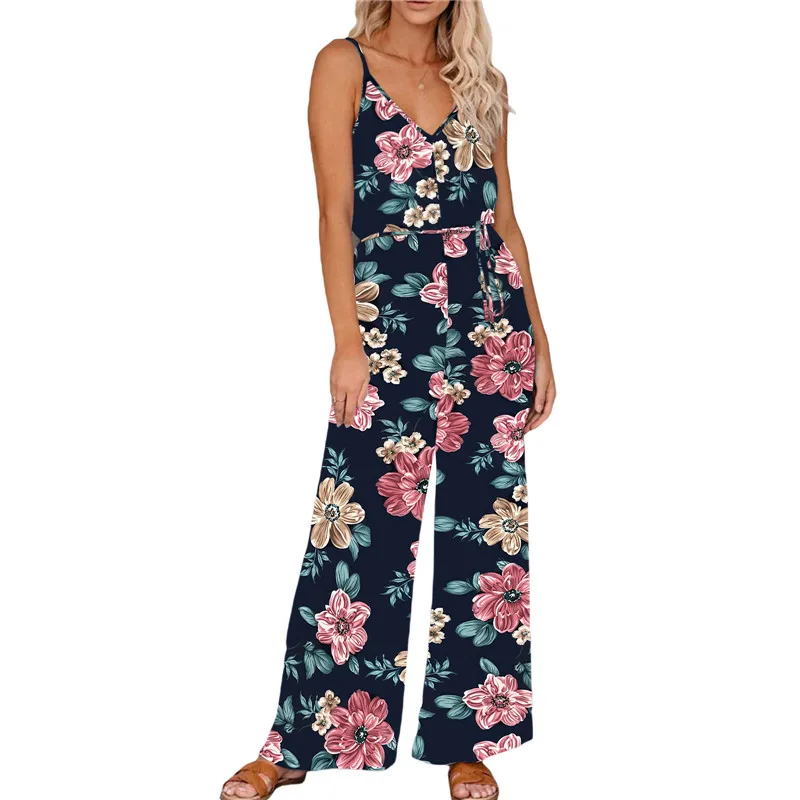 

Women Floral Prints Casual Jumpsuits Sleeveless Adjustable Straps Deep V Neck High Waist Long Playsuits Rompers Summer Clothing