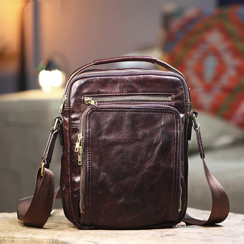 Casual high-quality natural genuine leather men's small phone bag designer luxury real cowhide outdoor shoulder crossbody bag