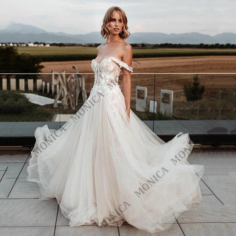 

MONICA Sexy Strapless Wedding Dress Off The Shoulder Lace Tulle Tube Top Elegant Beach Bridal Dress bestidos de novia 2022 New