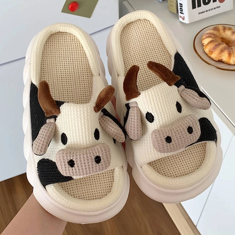 

Cute Cartoon Little Cow Mute Linen Slippers Four Seasons General Indoor Home